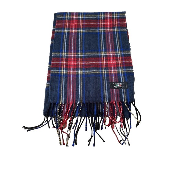 Cashme Plaid Scarf 60" x 11"  Multicolored Fringe Made In Italy Acrylic - Picture 3 of 9